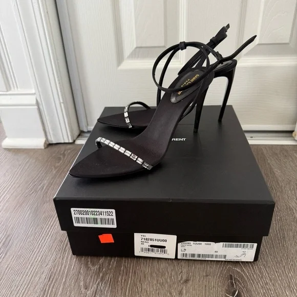 YSL SAINT LAURENT GLORIA SANDALS IN CREPE SATIN WITH RHINESTONES HEELS 90 - Picture 2 of 14